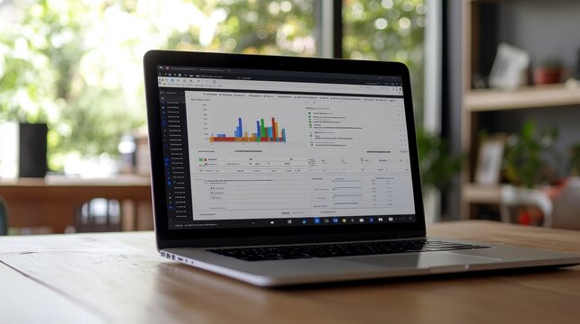 Laptop displaying data analytics charts and graphs on a wooden desk in a cafe.