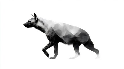 Fototapeta premium Monochrome hyena illustration with mountain landscape overlay against white background