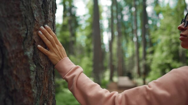 Woman tourist inspired by nature, close up view of female hand on tree trunk. Contemplation and unity with nature, ecotourism in coniferous forests in reserve park, cinematic slow motion shot