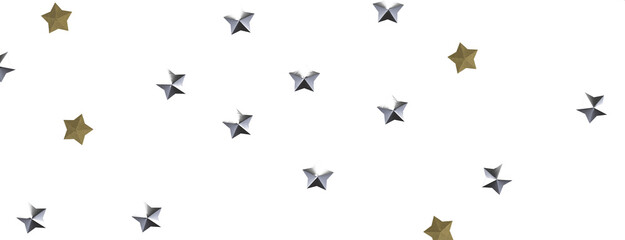 Image of silver and gold stars scattered on a white background. Perfect for celebrations.