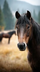 Obraz premium Beautiful brown horse gazing at camera in golden grass field during early morning light