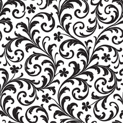 Elegant black and white floral damask pattern with swirling vines and delicate flowers creating a classic and timeless decorative background