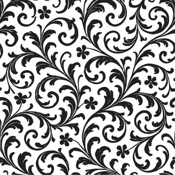 Naklejki Elegant black and white floral damask pattern with swirling vines and delicate flowers creating a classic and timeless decorative background
