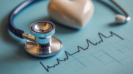 Close-up view of a stethoscope and a heart model on a graph paper.
