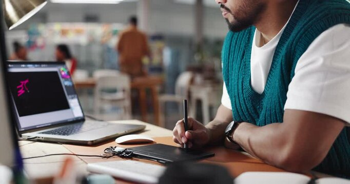 Graphic tablet, hands and drawing with laptop screen for logo design, art or inspiration in startup. Office, computer and creative man sketching with stylus, editing or drafting software for business