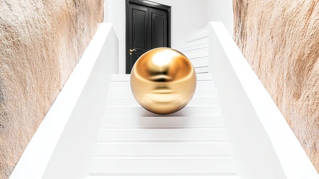 Golden sphere rolling down white stairs, stone walls, door - Powered by Adobe