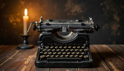 Vintage typewriter with candle on wooden table in dim lighting  