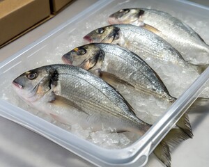 Frozen fish in professional, clean, transparent packaging design