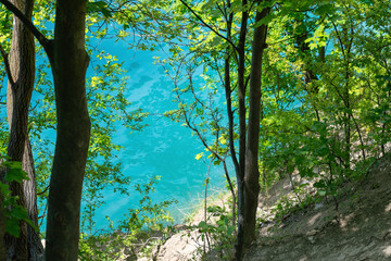 Vibrant turquoise lake surrounded by lush greenery in a serene forest setting
