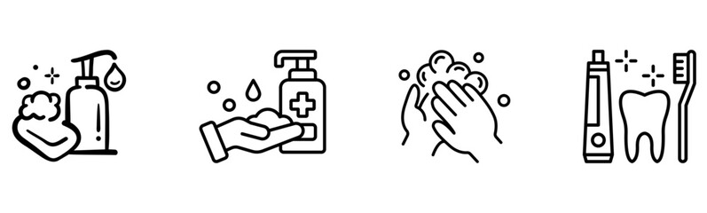 Personal Hygiene & Hand Washing Icons: Sanitation and Dental Care Set
