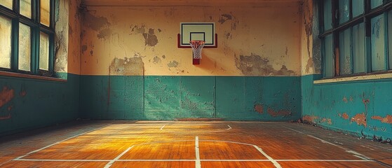 Empty, dilapidated basketball court.