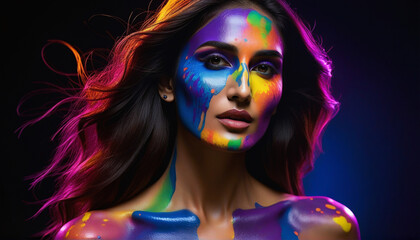 Stunning Woman with Vibrant Neon Body Paint and Glowing Face Art on Dark Background