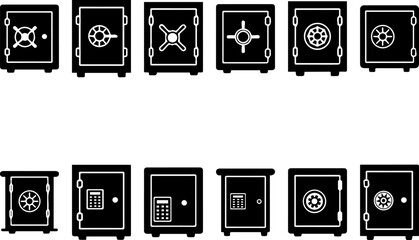Black and White Safe Icons: Security, Banking, and Finance Symbols, EPS Vector Silhouette File