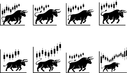Bull Market Stock Chart Icons: Black & White Vector Graphics Silhouette EPS File
