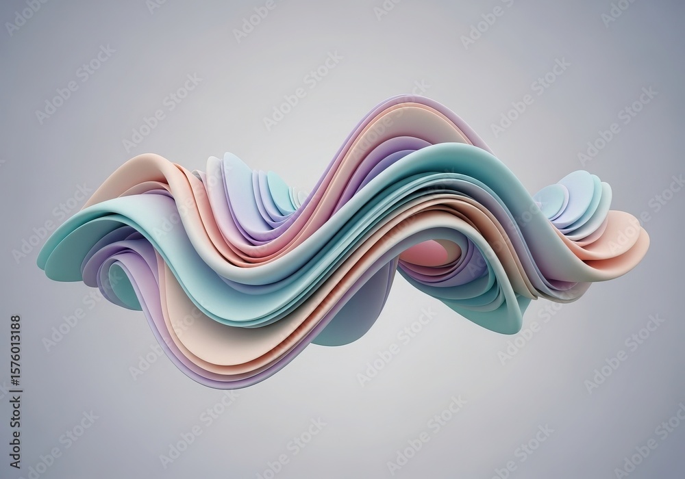 Fototapete soft flowing pastel colored layers create an abstract ribbon wave design on a muted gray gradient ba