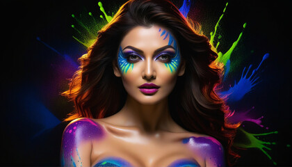 Stunning Woman with Vibrant Neon Body Paint and Glowing Face Art on Dark Background