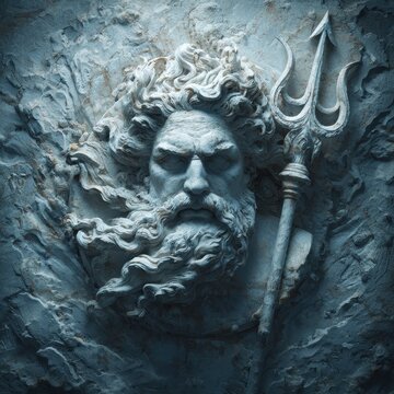 Neptune Poseidon. Ancient Marble Statue of Greek God Poseidon with Trident