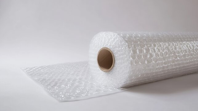 Rolled up protective bubble wrap against a plain background.