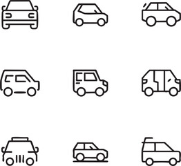 Nine minimalist black line art icons of various cars and vehicles car icon vehicle icon