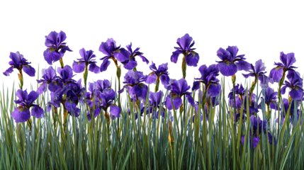 Captivating purple iris flowers blooming in a field against a black background