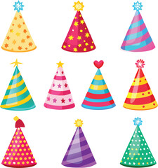 Vibrant set of 10 colorful party hats vector illustration, featuring various patterns like stripes, stars, and polka dots, perfect for birthdays, celebrations, and festive events