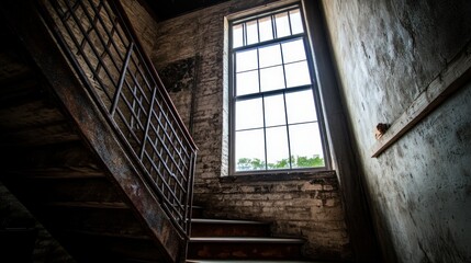 Fototapeta premium Rusted metal stairs ascend towards a large window.
