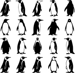 Obraz premium Twenty Black and White Penguin Silhouettes: Antarctic Wildlife Vector Illustration Set