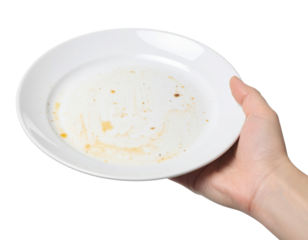 A hand holds a white plate with food stains, indicating the plate has been used and is ready for cleaning.