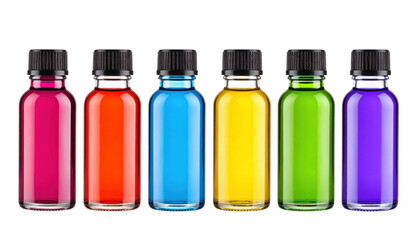 Six small glass bottles filled with vibrant colored liquids: pink, orange, blue, yellow, green, and purple, each topped with a black screw cap.