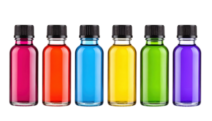 Six small glass bottles filled with vibrant colored liquids: pink, orange, blue, yellow, green, and purple, each topped with a black screw cap.