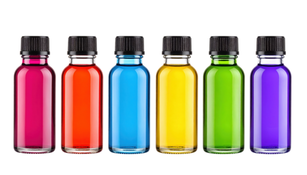 Six small glass bottles filled with vibrant colored liquids: pink, orange, blue, yellow, green, and purple, each topped with a black screw cap.