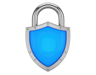 A metallic padlock with a shield-shaped blue emblem on the front, symbolizing security and protection.