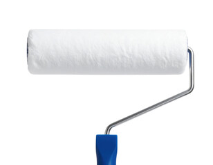 Fototapeta premium A white paint roller with a blue handle designed for smooth application of paint on surfaces.
