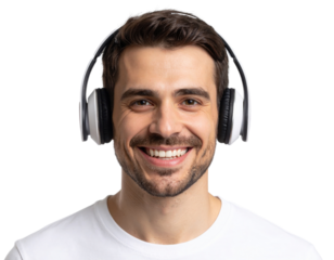 A smiling man with dark hair and a beard is wearing large over-ear headphones and a white shirt.