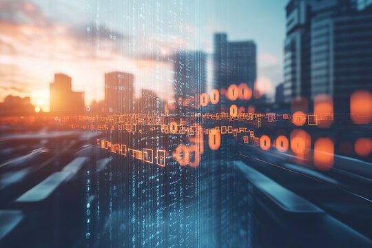 Abstract digital cityscape with glowing binary code and data streams, showcasing technology and innovation against a vibrant sunset backdrop, representing the future of urban environments