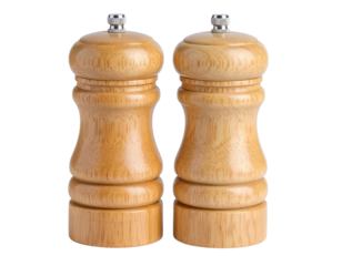 A pair of wooden salt and pepper grinders with a classic, rounded design and metal tops for adjusting grind size.
