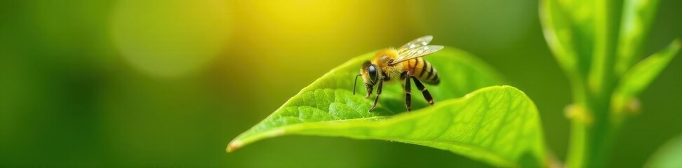 Fototapeta premium Solitary bee pollinating green leaf in sunlight, macro, bee
