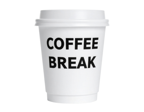 A white disposable coffee cup with a lid featuring the bold black text "COFFEE BREAK" on the front.