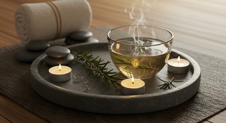 Serene Spa Setting: Herbal Tea, Candles, and Stones for Relaxation and Wellness