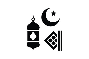 Fototapeta premium Elegant Ramadan Icons: Crescent Moon, Star, Lantern, and Prayer Mat in Minimalist Black Silhouette Design