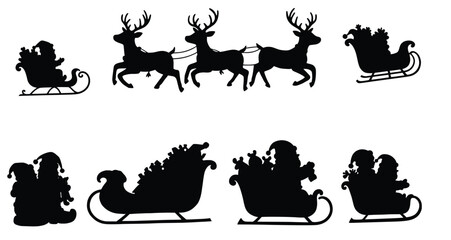 Naklejka premium Festive Silhouette Scene: A captivating illustration showcases Santa Claus and reindeer in silhouette, riding in their iconic sleigh, delivering holiday cheer and the spirit of Christmas.