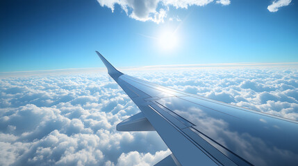 Aerial View of Airplane Wing Over Clouds with Bright Sun in a Clear Blue Sky