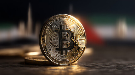 bitcoin coin with dubai skyline and uae flag in background