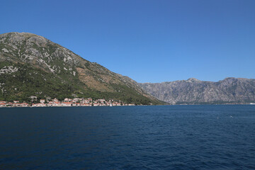 Beautiful panoramic view of the mountains and cities from the Bay of Kotor. Horizontal photo