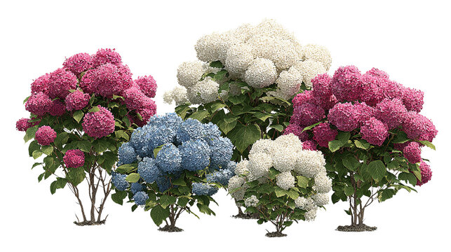 Group of colorful hydrangea bushes in full bloom against a black background isolated