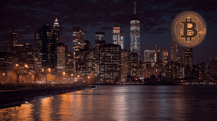 new york skyline at night with bitcoin