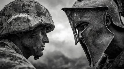 us marine soldier facing spartain gladiator warrior face to face