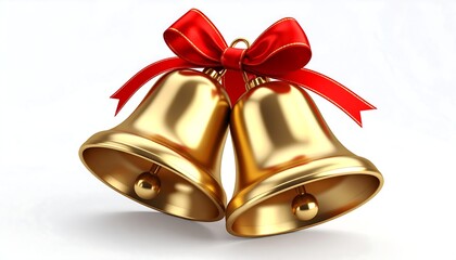 Two golden bells with a red ribbon bow