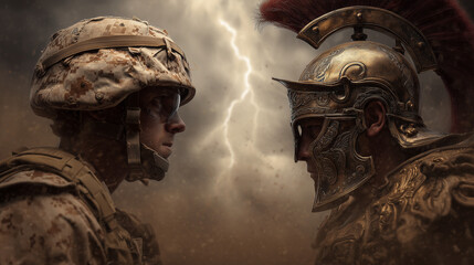 us marine soldier facing spartain gladiator warrior face to face