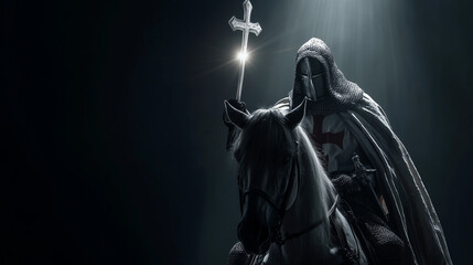 knight templar on horse holding shining holy cross on dark background
